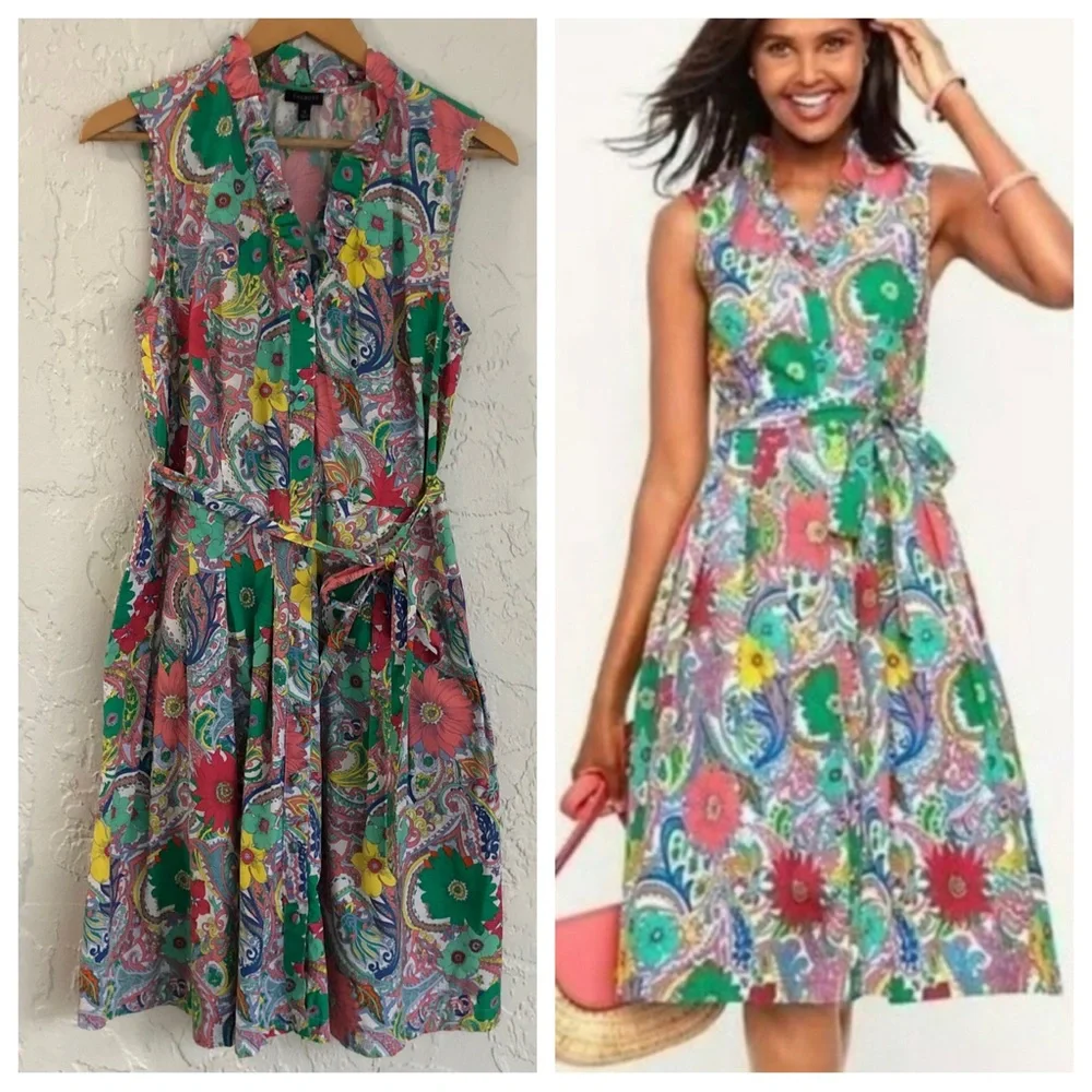 TALBOTS Paisley Floral Button Down Sleeveless Shirt Dress Tie Waist Size 12